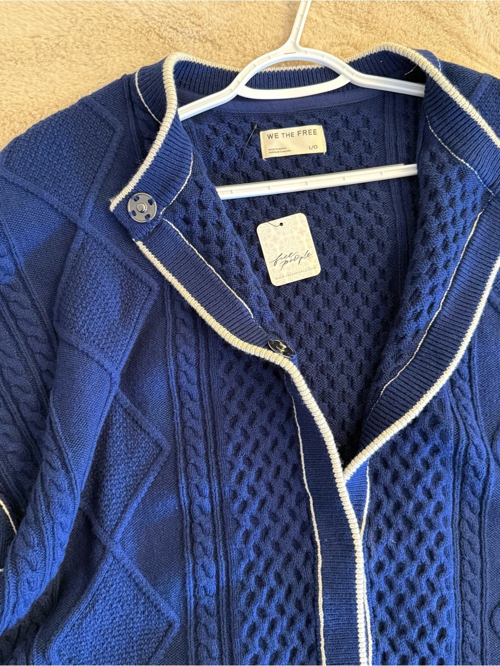 We The Free Royal Blue Cable Knit Cardigan with White Trim